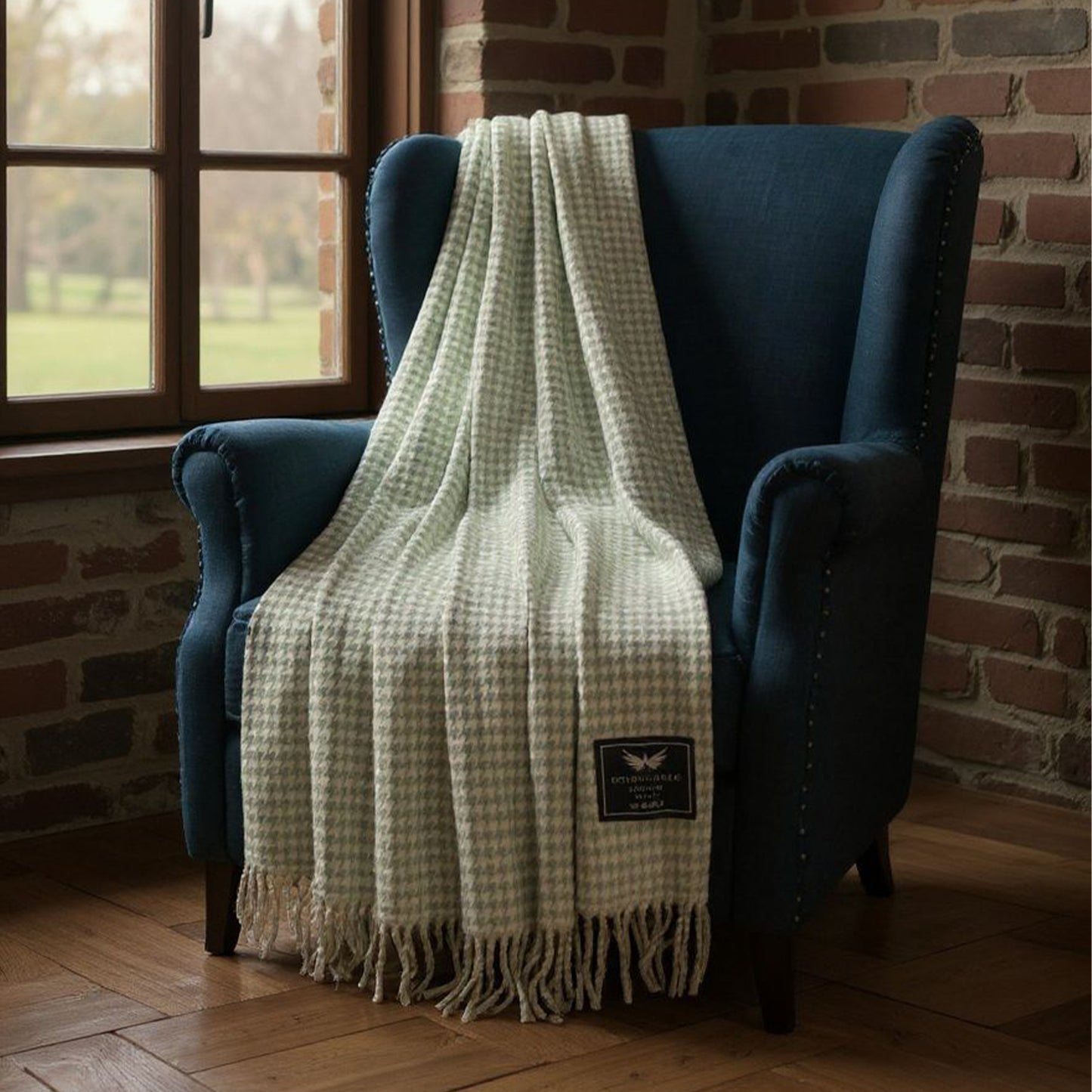 Houndstooth Sage Green Cream Throw Blanket