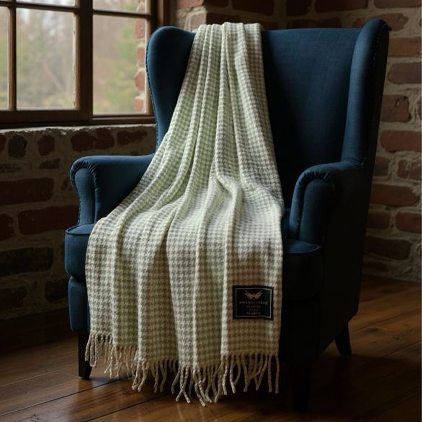 Houndstooth Sage Green Cream Throw Blanket