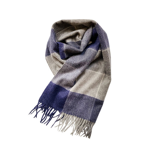 Navy Grey Block Check Super Soft Cashmere Oversized Long Scarf