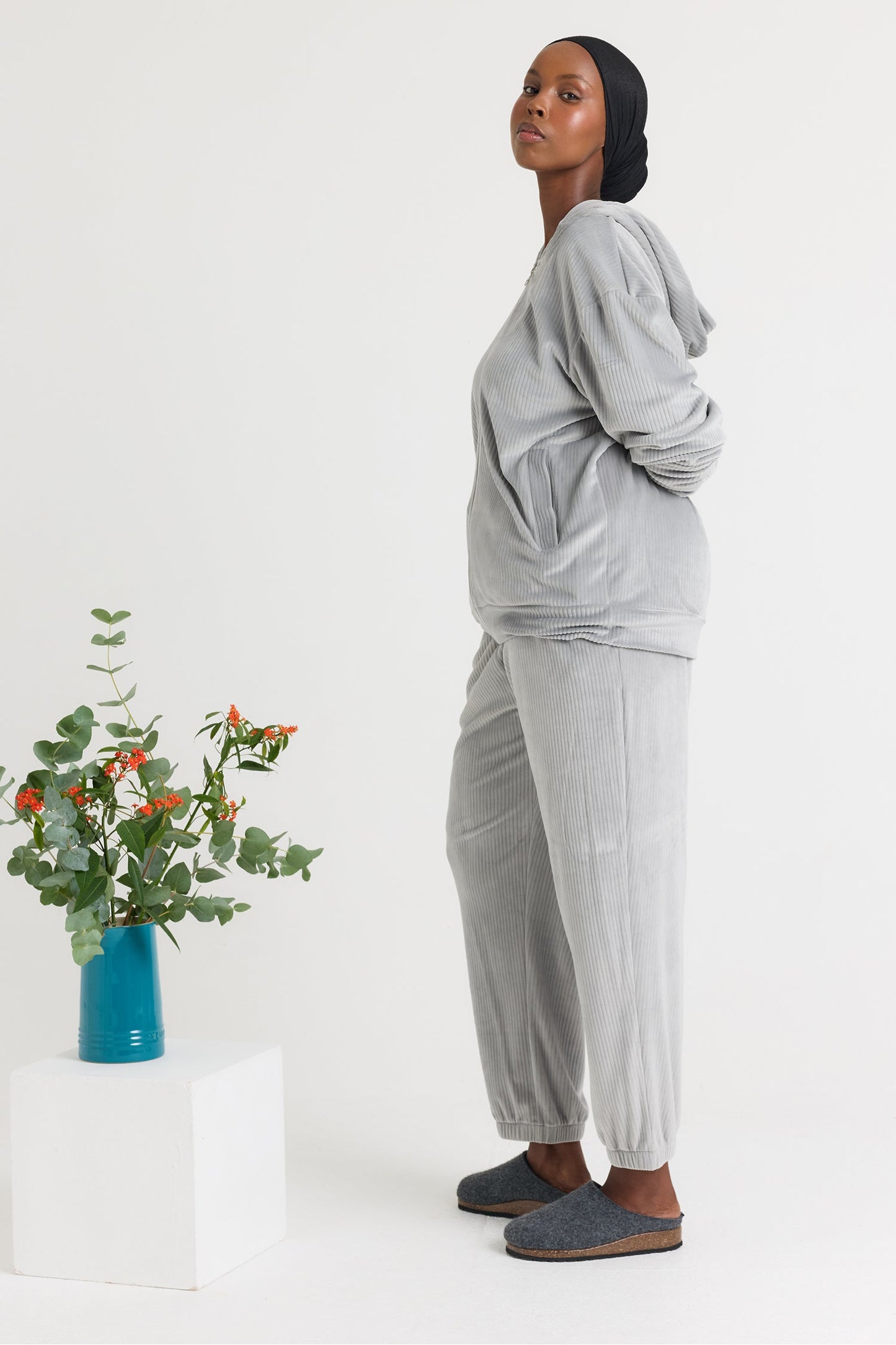 Velour Hoody Jogger Set in Grey
